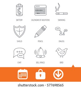 Battery, pencil and protection shield icons. Dialog chat, bell rings and vacation calendar linear signs. Bird, smoking allowed icons. Download arrow, locker and calendar web icons. Vector