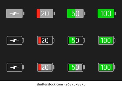 Battery Percentage Icon Set – Battery Power Status Vector Symbols