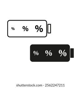 Battery percentage icons. Black and white symbols. Vector battery designs. Abstract percentage graphics.