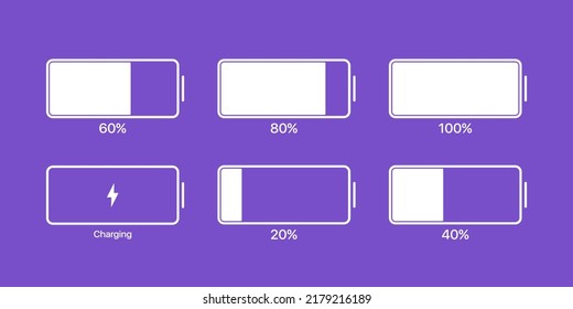 Icono de juego de porcentaje de batería. Carga, porcentaje, 80, 60, relámpago, 20, 40, 100, carga, recarga, dispositivo, acumulador. Concepto tecnológico. Icono de línea de vector para negocios y publicidad.