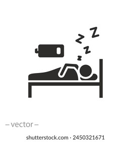 battery person energy charging icon, tired man sleep on bed, night rest and recovery,  low charge human, flat symbol on white background - vector illustration