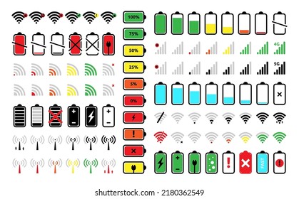 Battery and phone signal signs. Charge status, ui network, strength bar charger or cell, laptop download line, smartphone energy. Electric power indicator. Flat illustration. Vector set