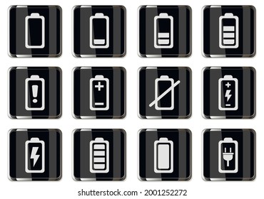 Battery pictograms in black chrome buttons. icons set isolated for user interface design. vector illustration