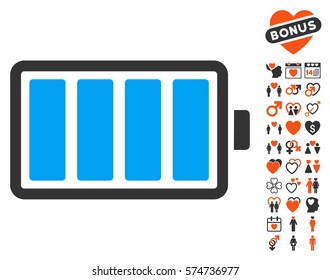 Battery pictograph with bonus romantic symbols. Vector illustration style is flat iconic symbols for web design, app user interfaces.