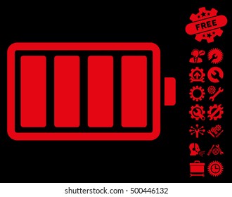 Battery pictograph with bonus setup tools graphic icons. Vector illustration style is flat iconic symbols, red color, black background.