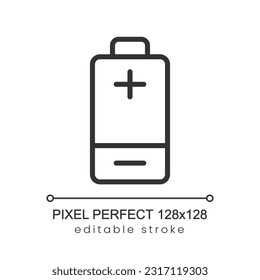 Icono lineal perfecto del píxel de la batería. Acumulador recargable. Fuente de energía sostenible. Ilustración de línea delgada. Símbolo de contorno. Dibujo del contorno del vector. Trazo editable. Fuente de Poppins utilizada