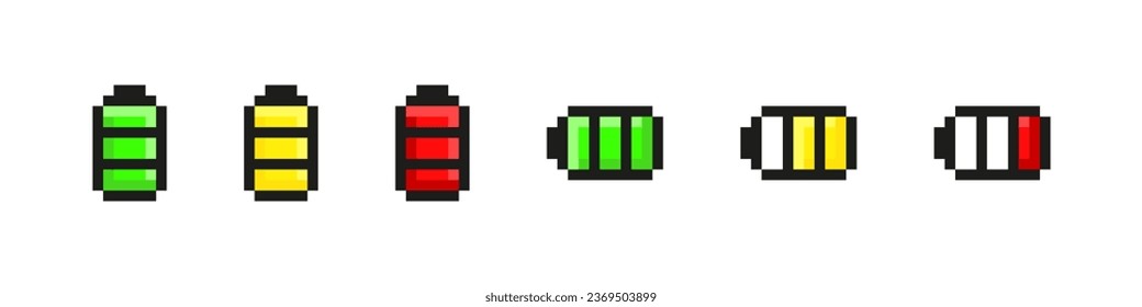 Battery pixel style vector icon set. Charging indicator pixelated icons.