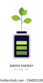 Battery with plant growing on it. Green energy. Environment friendly technologies. Flat illustration. Vector file.