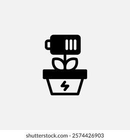 Battery and plant in a pot icon semi solid, free energy, ecology, renewable and green energy concept. Glyph icon.