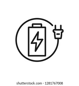 Battery with plug icon in modern line style. High quality gray outline pictogram for web site design and mobile apps. Vector illustration on a white background.
