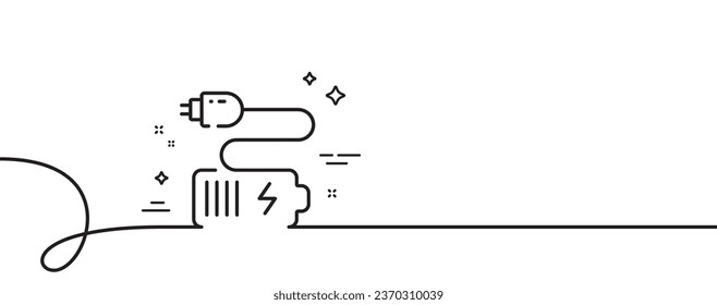Battery plug line icon. Continuous one line with curl. Charge accumulator sign. Electric power symbol. Battery single outline ribbon. Loop curve pattern. Vector