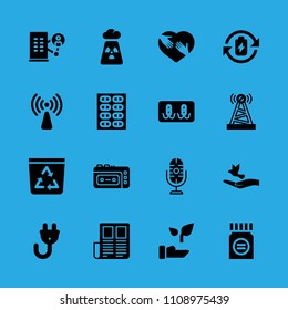 battery, plug, microphone, radiation, non ionizing radiation, rack, medicine, plant and dove of peace vector icon. Simple icons set