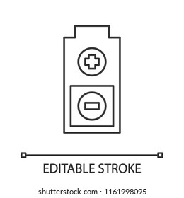 Battery with plus and minus signs linear icon. Thin line illustration. Charging. Half battery level. Contour symbol. Vector isolated outline drawing. Editable stroke