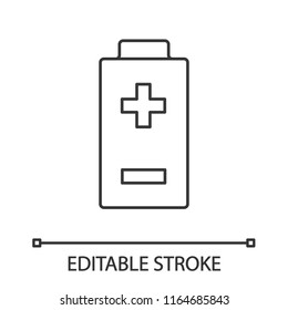 Battery with plus and minus signs linear icon. Thin line illustration. Charging. Battery level indicator. Contour symbol. Vector isolated outline drawing. Editable stroke