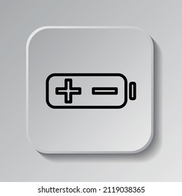 Battery, plus minus simple icon. Flat desing. Black icon on square button with shadow. Grey background.ai