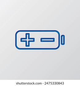 Batterie, plus Minus-einfaches Symbol. Flaches Design. Papierschnittdesign. Ausgeschnittenes blaues Symbol mit Schatten. Grauer Hintergrund.ai