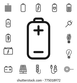 battery plus minus. thin line battery, charging, energy icon set