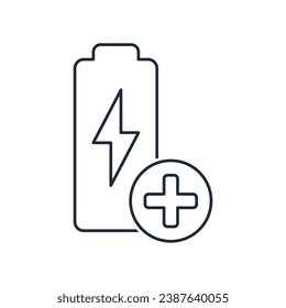 Battery with a plus sign. Additional, spare energy source. Vector linear illustration icon isolated on white background.