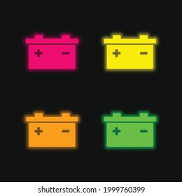 Battery With Positive And Negative Poles Symbols four color glowing neon vector icon