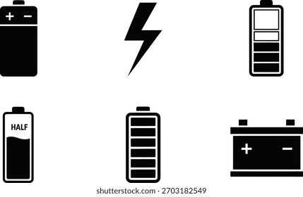 Batería y Recargo de energía icono conjunto silueta aislado en fondo transparente