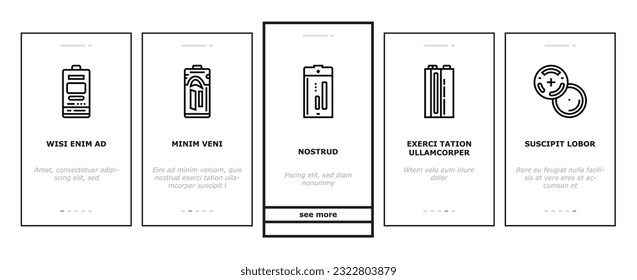 battery power energy electric car onboarding mobile vector. technology industry, electricity lithium, charger, cell charge, equipment, low level battery power electric car color line illustrations