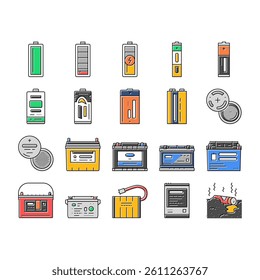 battery power energy electric car icons set vector. technology industry, electricity lithium, charger, cell charge, equipment, low level battery power energy electric car color line illustrations