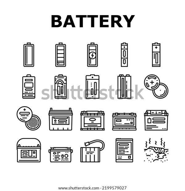 battery power energy electric car icons set\
vector. technology industry, electricity lithium, charger, cell\
charge, equipment, low level battery power energy electric car\
black contour\
illustrations
