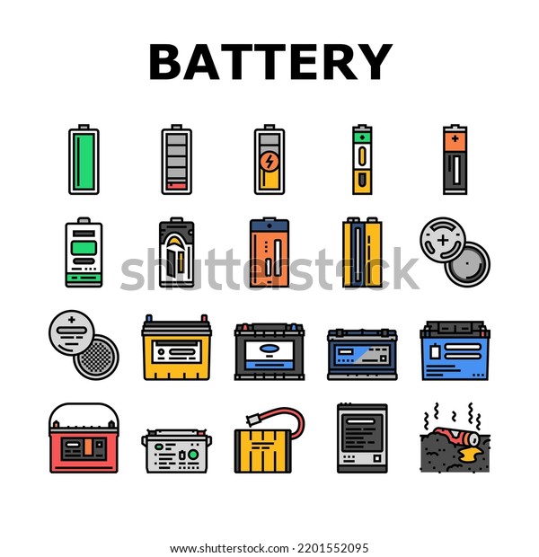 battery power energy electric car icons set\
vector. technology industry, electricity lithium, charger, cell\
charge, equipment, low level battery power energy electric car\
color line\
illustrations
