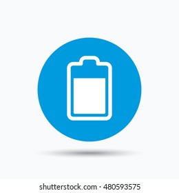 Battery power icon. Charging accumulator symbol. Blue circle button with flat web icon. Vector