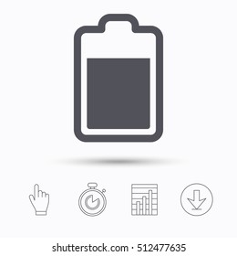Battery power icon. Charging accumulator symbol. Stopwatch timer. Hand click, report chart and download arrow. Linear icons. Vector