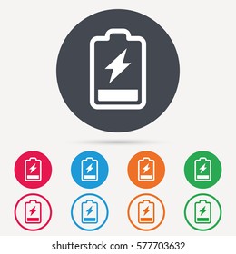 Battery power icon. Charging accumulator symbol. Round circle buttons. Colored flat web icons. Vector