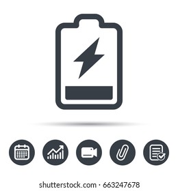 Battery power icon. Charging accumulator symbol. Calendar, chart and checklist signs. Video camera and attach clip web icons. Vector