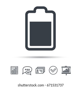 Battery power icon. Charging accumulator symbol. Chat speech bubble, chart and presentation signs. Contacts and tick web icons. Vector