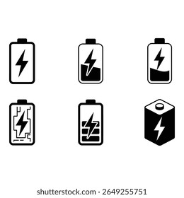 Battery Power Level Icons Full Low Empty Circuit and Cube Designs in Bold Black and White