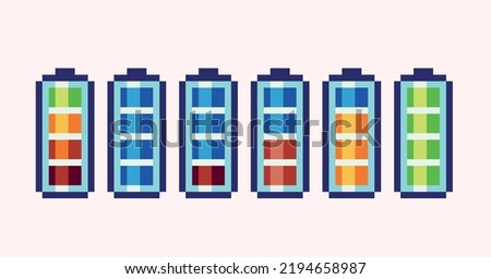 Battery power levels pixel art set. Energy charge bars collection. 8 bit sprite. Game development, mobile app.  Isolated vector illustration.