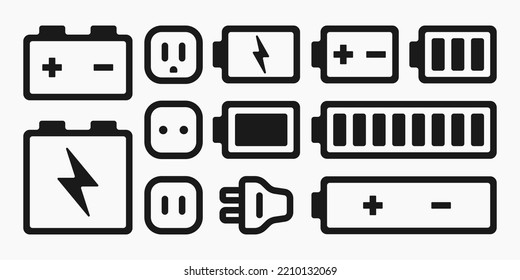 conjunto de iconos de línea de enchufe de alimentación de corriente de batería vector ilustración plana