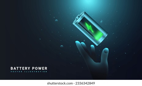 Battery power realistic banner. Hand with accumulator. Energy and voltage. Charging indicator. Modern technologies and innovations. Template, layout and mock up. Isometric vector illustration