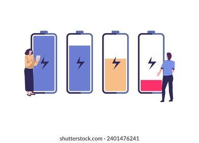 Batterieleistung, verschiedene Batterieenergie, flache Vektorgrafik