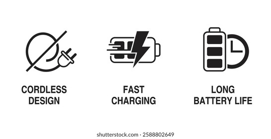 Battery powered device icons set - Long life, Cordless design, Fast charging. Pictograms for labeling in monochrome style