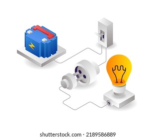 Battery Powered Electricity With Switch In Flat Isometric Illustration