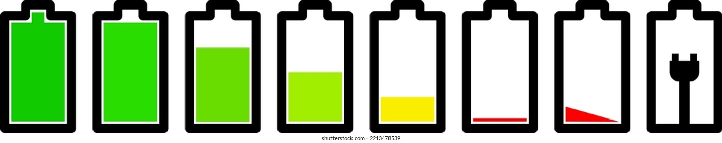 Precios de la batería y conjunto de iconos vectoriales bajos de la batería y la carga de la batería