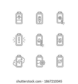 Battery problems linear icons set. Overheating while using charging cables. Fully one hundred percentage. Customizable thin line contour symbols. Isolated vector outline illustrations. Editable stroke