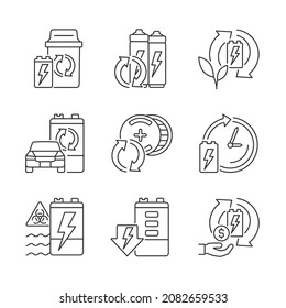 Battery processing linear icons set. Accumulators reuse. Recycling technology. E-waste correct disposal. Customizable thin line contour symbols. Isolated vector outline illustrations. Editable stroke