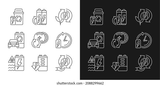 Battery processing linear icons set for dark and light mode. Accumulators reuse. Recycling technology. Customizable thin line symbols. Isolated vector outline illustrations. Editable stroke