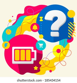 Battery and question mark on abstract colorful splashes background with different icon and elements. Flat design for the web, print, banner, advertising.