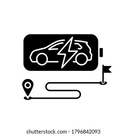 Battery Range Black Glyph Icon. Electric Vehicle Max Travel Distance Silhouette Symbol On White Space. Electric Motor Capacity And Power Potential. Modern EV And Route Vector Isolated Illustration