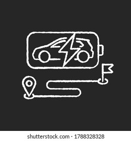 Battery Range Chalk White Icon On Black Background. Electric Vehicle Max Travel Distance. Electric Motor Capacity And Power Potential. Modern EV And Route Isolated Vector Chalkboard Illustration