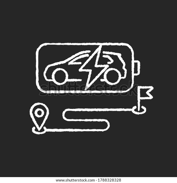 Battery range chalk white icon on black\
background. Electric vehicle max travel distance. Electric motor\
capacity and power potential. Modern EV and route isolated vector\
chalkboard\
illustration
