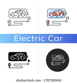 Battery Range Icon. Linear Black And RGB Color Styles. Electric Vehicle Max Travel Distance. Electric Motor Capacity And Power Potential. Modern EV And Route Isolated Vector Illustrations