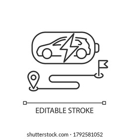 Battery range linear icon. Electric vehicle max travel distance thin line customizable illustration. Contour symbol. Modern EV and route vector isolated outline drawing. Editable stroke